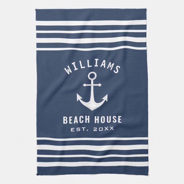 Paño De Cocina Nautical Family Name Beach House Navy Blue White (Vertical)