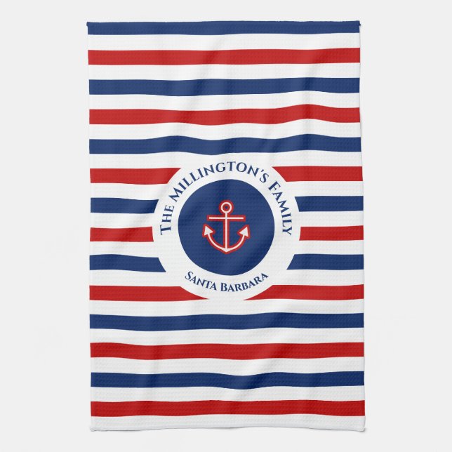 Paño De Cocina Nautical Marine Navy Blue Red White Stripes (Vertical)