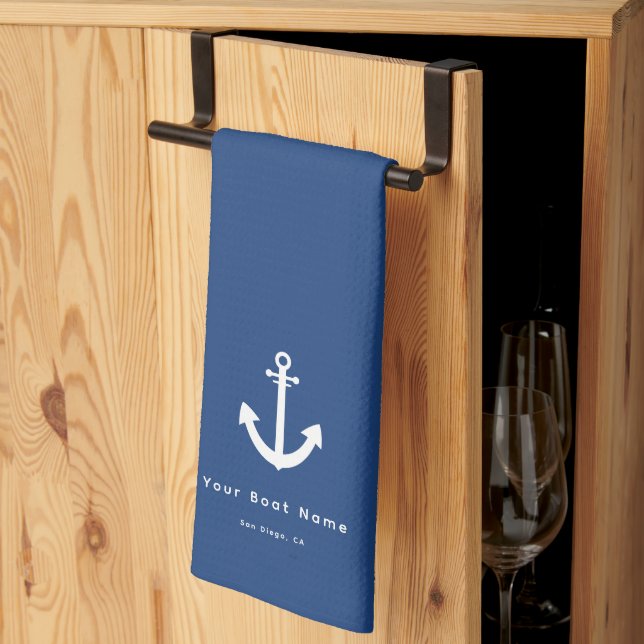 Paño De Cocina Nautical Naval Personalizado Azul Nombra de barco  (Pliegue de tercios)