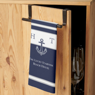 Paño De Cocina Nautical Navy Blue Anchor Coastal Monograma Nombre