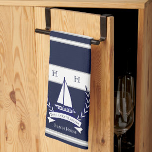 Paño De Cocina Nautical Navy Blue Sailboat Monograma Cocina