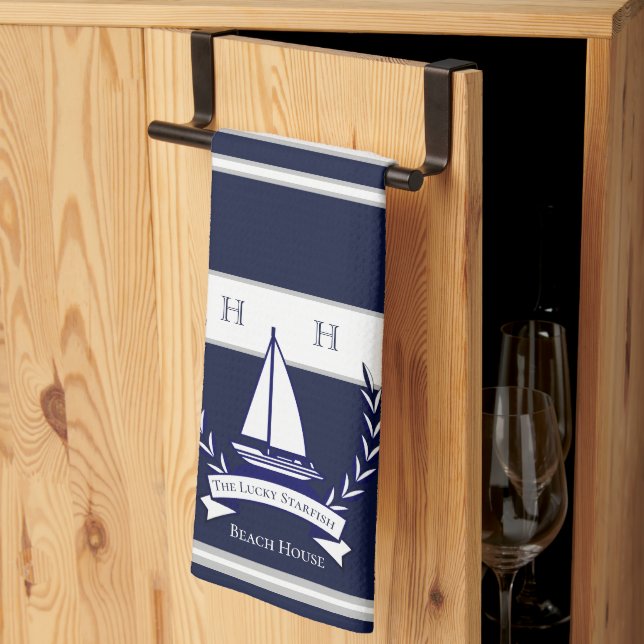 Paño De Cocina Nautical Navy Blue Sailboat Monograma Cocina (Pliegue de tercios)