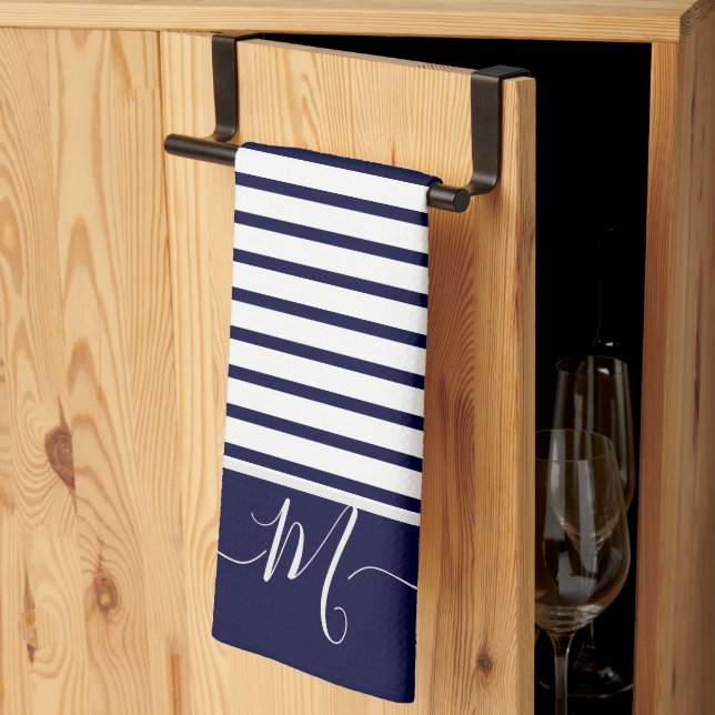 Paño De Cocina Nautical Navy Blue Stried Monograma inicial (Pliegue de tercios)