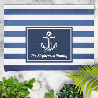 Paño De Cocina Nautical Navy Stripes Nombre de familia personaliz