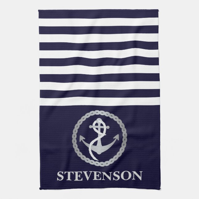Paño De Cocina Nautical Rope and Anchor Family Name Vela (Vertical)