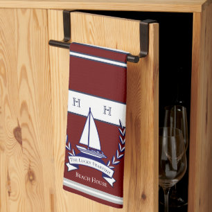 Paño De Cocina Nautical Rust Red Navy Blue Sailboat Monograma Nom