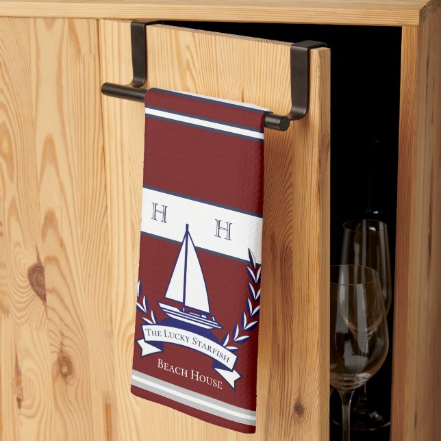 Paño De Cocina Nautical Rust Red Navy Blue Sailboat Monograma Nom (Pliegue de tercios)