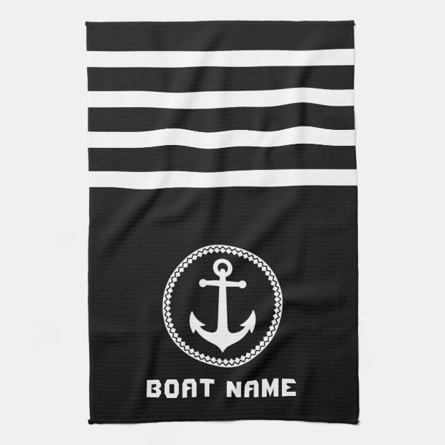Paño De Cocina Nautical Sea Anchor Your Boat Name on Navy Black (Vertical)