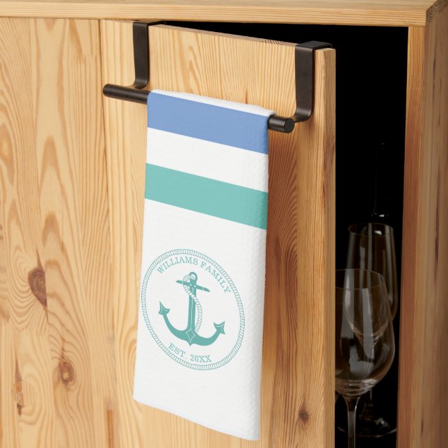 Paño De Cocina Nautical Verde azulada Anchor Blue White Stripe Fa (Pliegue de tercios)