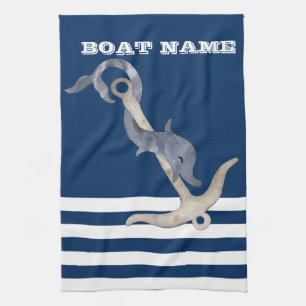Paño De Cocina Náutico, Ancla Delfín Azul Marino Rayado