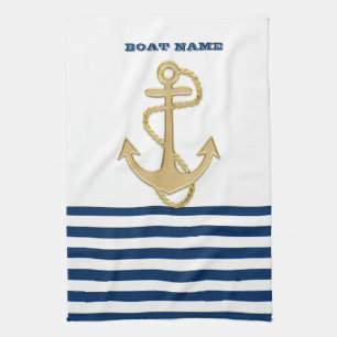 Paño De Cocina Náutico, Ancla Dorada  Azul Marino Rayas Blancas