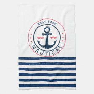 Paño De Cocina Náutico, nombre del barco, ancla rayas azul marino
