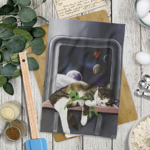 Paño De Cocina Nave Espacial Gato Tabby Verde Alien Muñeco de Pel