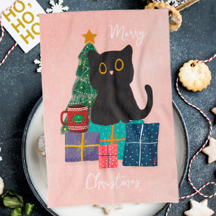 Paño De Cocina Navidad Alegre Festiva Gato Negro Mono Café Rosa