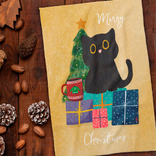 Paño De Cocina Navidad Alegre Gato Negro Café Naranja Festivo