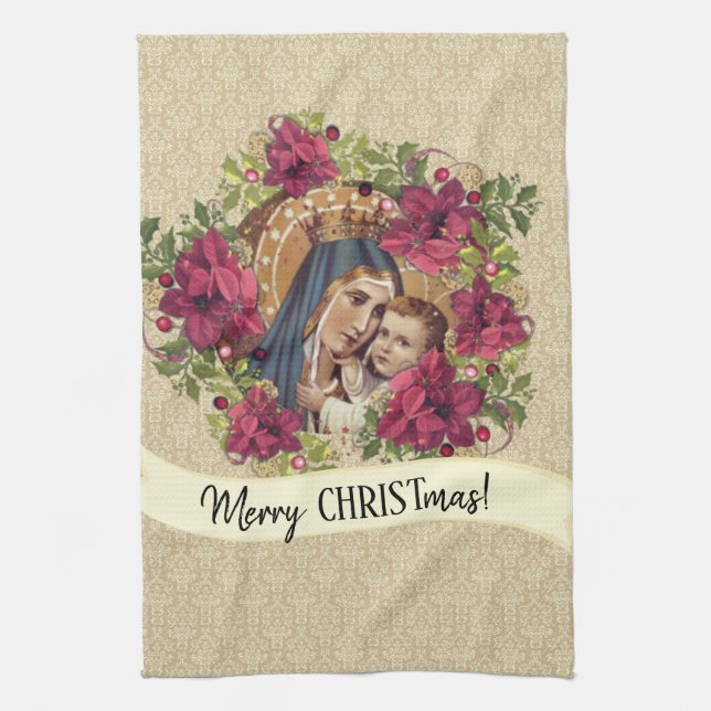 Paño De Cocina Navidad bendecido de Jesús del Virgen María floral (Vertical)