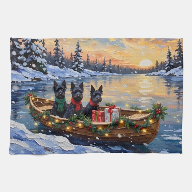 Paño De Cocina Navidad con Barco de Terrier Escocés (Horizontal)