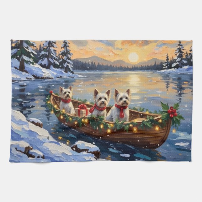 Paño De Cocina Navidad con Bichon Frise en Barco (Horizontal)
