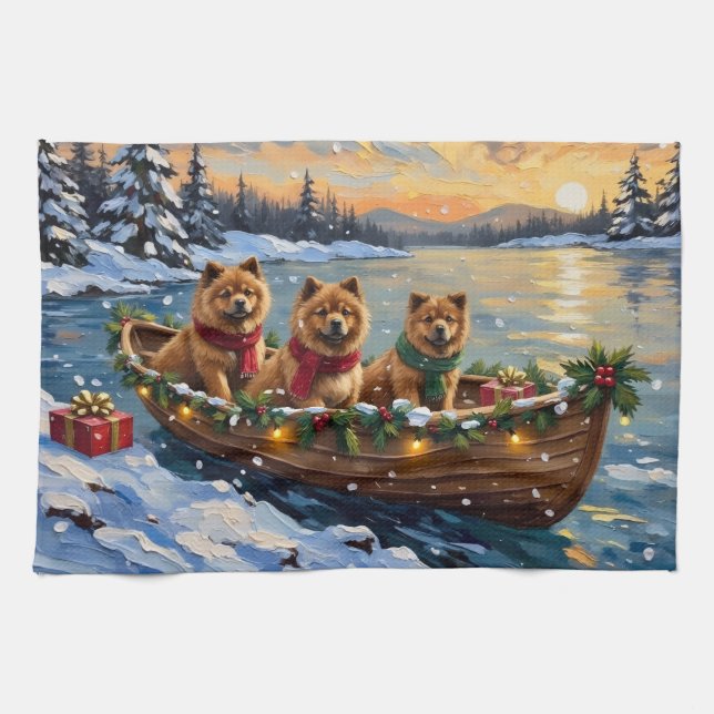 Paño De Cocina Navidad de Chow Chow en Barco Fiesta (Horizontal)