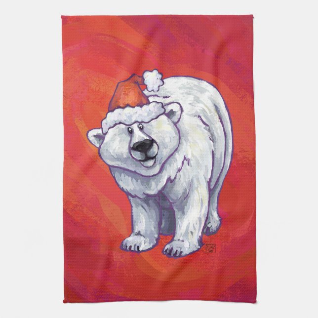 Paño De Cocina Navidad del oso polar en rojo (Vertical)