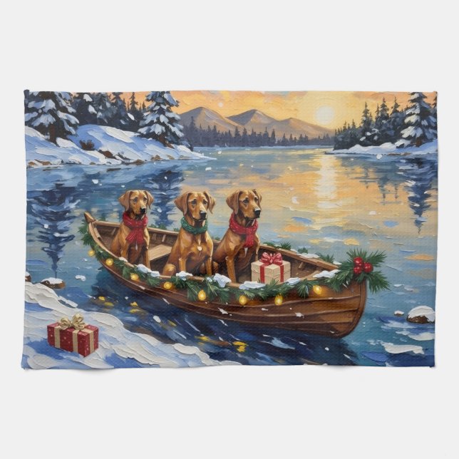 Paño De Cocina Navidad en Barco con Rhodesian Ridgeback Feriado (Horizontal)
