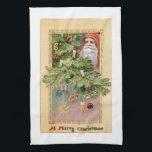 Paño De Cocina Navidad en el viejo mundo, padre de familia y árbo<br><div class="desc">El viejo mundo de las rojas y encapuchado Padre Navidad con árbol decorado con adornos victorianos y golosinas en la frontera dorada y Feliz Navidad texto.</div>