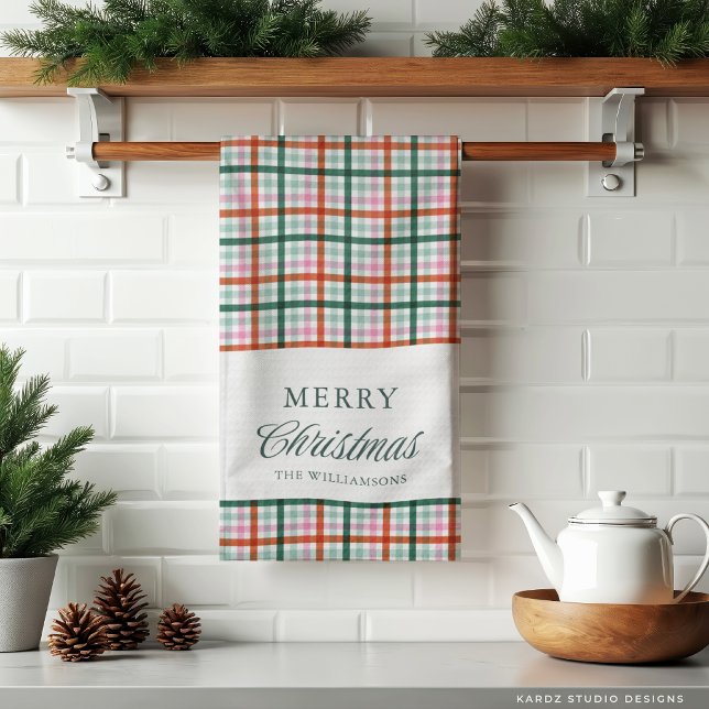 Paño De Cocina Navidad Gingham Personalizada Moderna  (Christmas Kitchen Towel shown in 3-fold. )