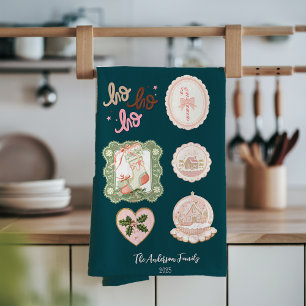 Paño De Cocina Navidad Rosa Verde Retro