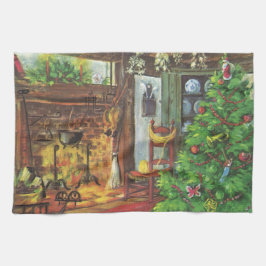 Paño De Cocina Navidad Vintage, acogedora cabaña de troncos con c