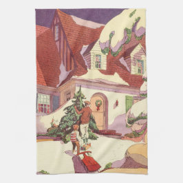 Paño De Cocina Navidad Vintage, Casa Familiar en la Nieve