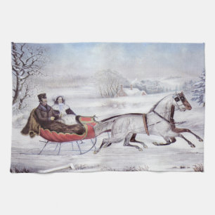 Paño De Cocina Navidad Vintage, Invierno Camino, Caballo Sleigh