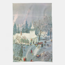 Paño De Cocina Navidad vintage, la gente va a la iglesia en la ni