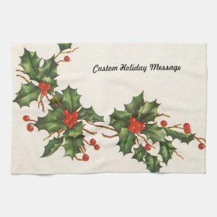 Paño De Cocina Navidad Vintage, Planta de Acebo con Bayas Rojas