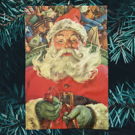 Paño De Cocina Navidad vintage, Santa Claus en Sleigh con juguete