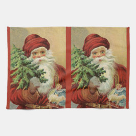 Paño De Cocina Navidad vintage, Santa Claus victoriano con árbol