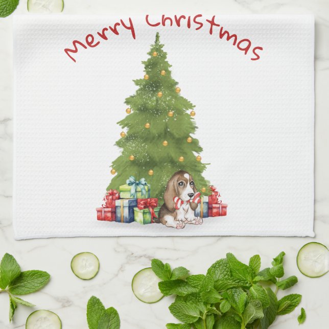 Paño De Cocina Navidades Basset Hound Con Candy Cane Bone (Doblado)