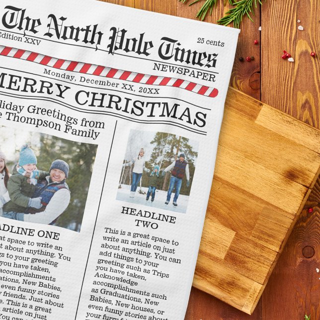 Paño De Cocina Navidades burlaron foto de un diario divertido cap (Merry Christmas cute whimsical newspaper kitchen towel.)
