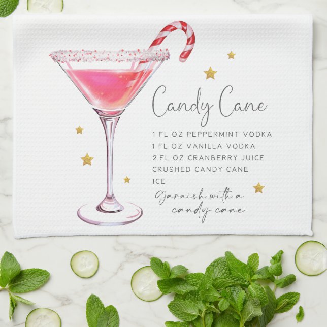 Paño De Cocina Navidades Candy Cane Martini Receta acuarela (Doblado)
