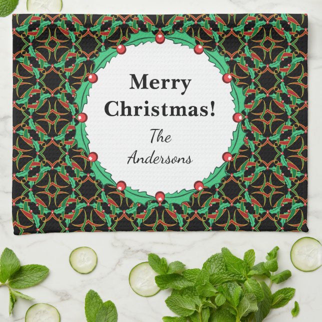 Paño De Cocina Navidades celtas Holly Wreath Pattern Personalizad (Doblado)