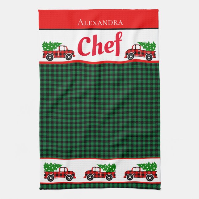 Paño De Cocina Navidades Chef del Camión Rojo Buffalo Verde Apro (Vertical)
