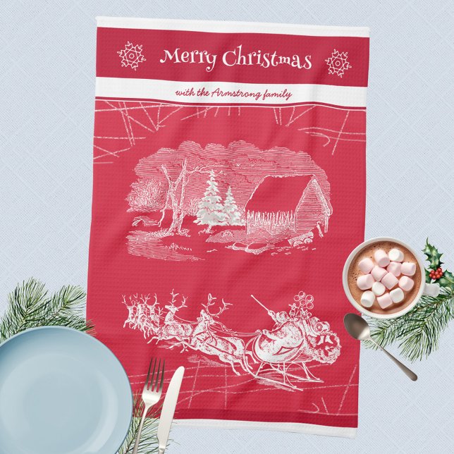 Paño De Cocina Navidades clásicos de Santa Claus (Merry Christmas 🎅🏻 Santa Sleigh Reindeers Red Kitchen Towel ©Susanne Sachers - Sunny Mind Design )