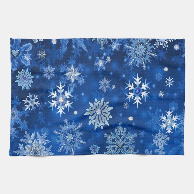 Paño De Cocina Navidades Copos de nieve azules y plateados (Horizontal)