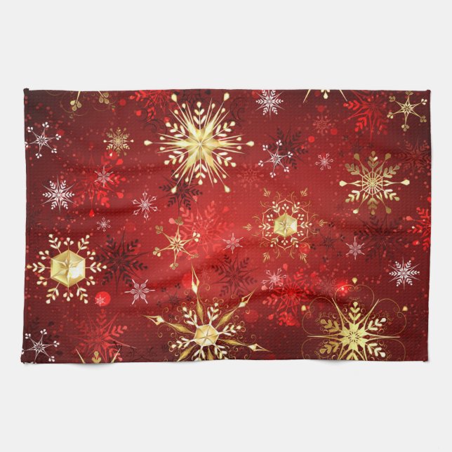 Paño De Cocina Navidades Copos de nieve dorados con fondo rojo (Horizontal)