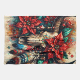 Paño De Cocina Navidades Cow Bull Skull Poinsettias Feathers