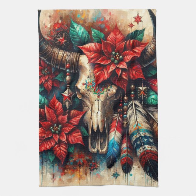 Paño De Cocina Navidades Cow Bull Skull Poinsettias Feathers (Vertical)