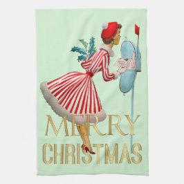 Paño De Cocina navidades de 1950 Vintage Lady Merry Christmas