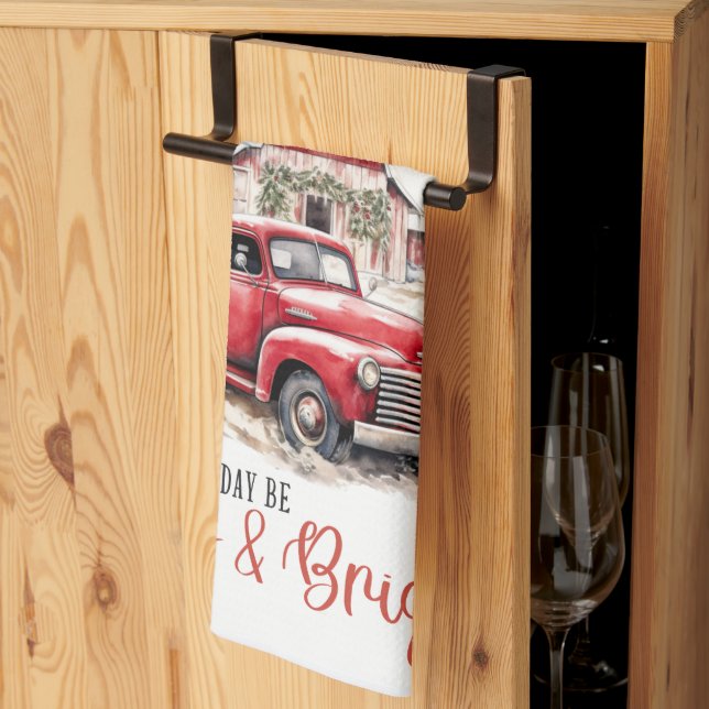 Paño De Cocina Navidades de acuarela Camión de época y granero (Pliegue de tercios)