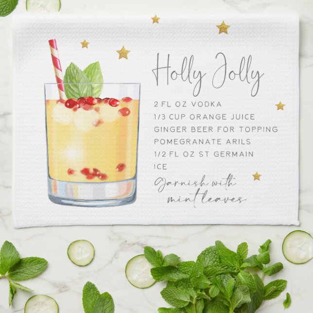 Paño De Cocina Navidades de acuarela Cocktail Holly Jolly Receta (Doblado)