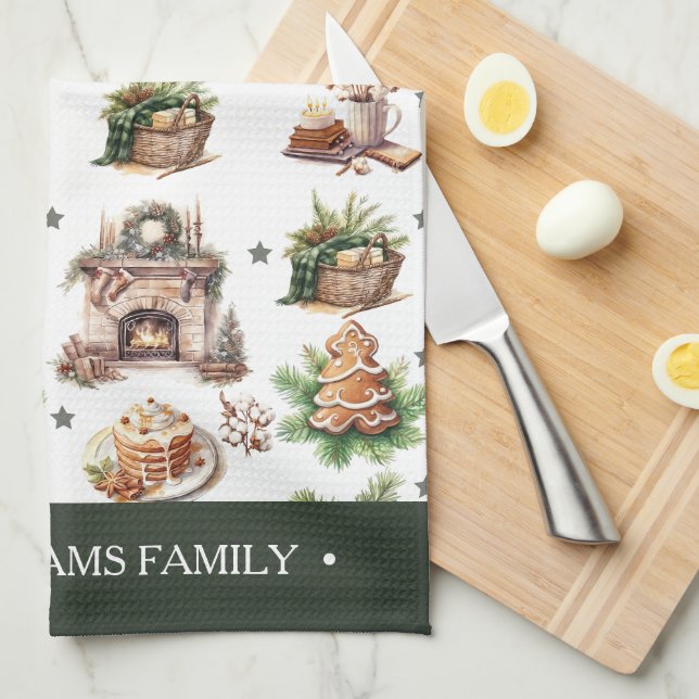 Paño De Cocina Navidades de acuarela de nombre familiar (Doblado Cuarto)