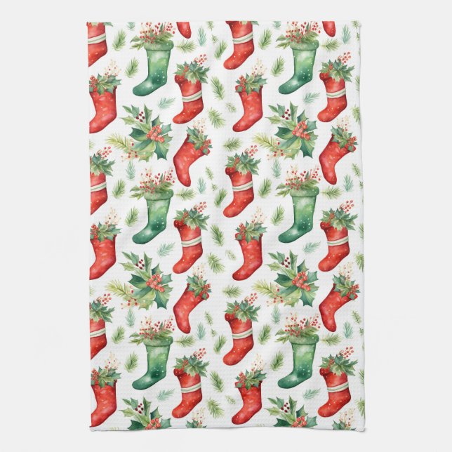 Paño De Cocina Navidades de acuarela verde y rojo (Vertical)
